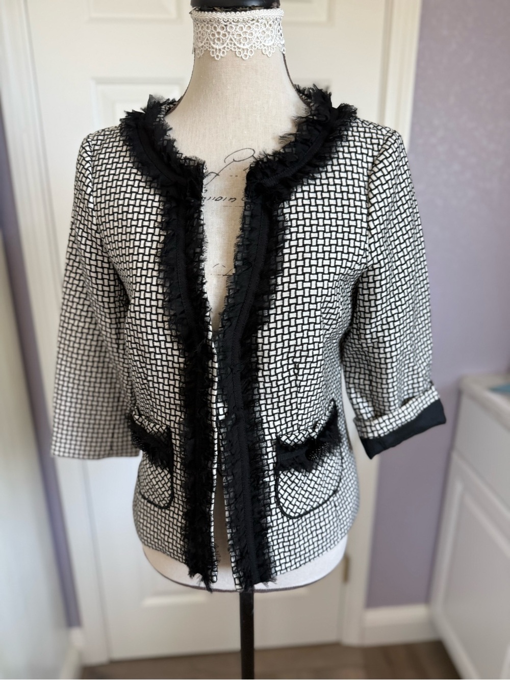 White House Black Market Black & White Textured Fringe-Trim Jacket